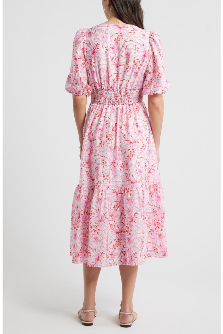 Twist Detail Allover Print Midi Dress, Alternate, color, IVORY/ PINK DAISY GARDEN
