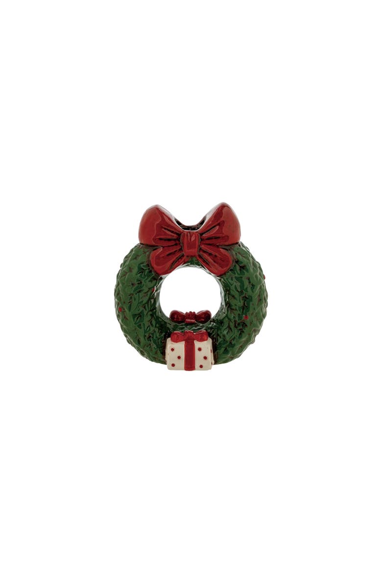 Hand-Painted Dolomite Wreath Taper Holder with Festive Bow, Main, color, Red and Green