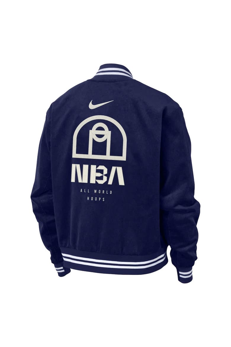 Men's Nike Blue NBA All World Hoops Team 31 Trend Corduroy Full-Snap Bomber Jacket, Alternate, color, Blue