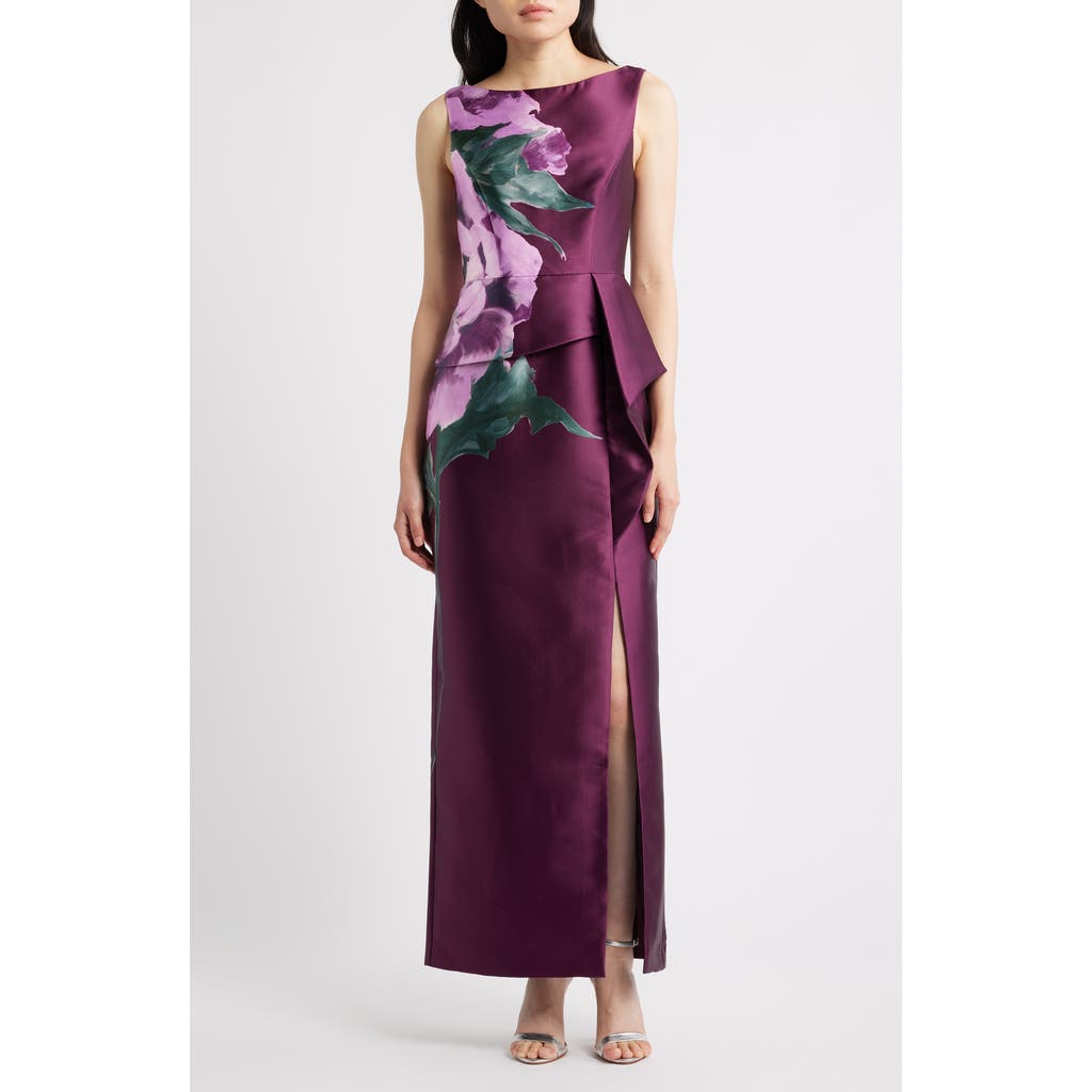 Kay Unger Luciana Placed Floral Column Gown In Purple