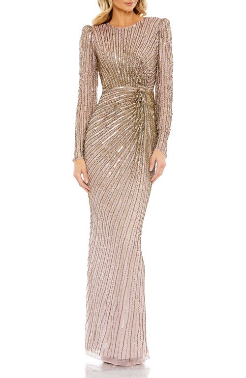 Mac Duggal Embellished Puff Sleeve Side Knot Gown In Mocha