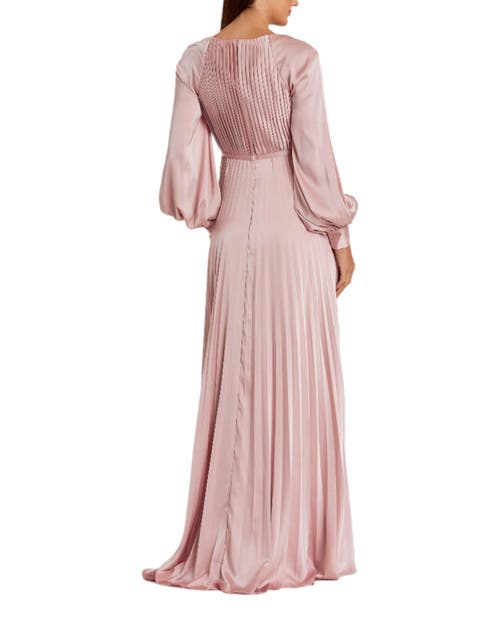 Mac Duggal Pleated High Neck Raglan Long Sleeve Side Slit Gown