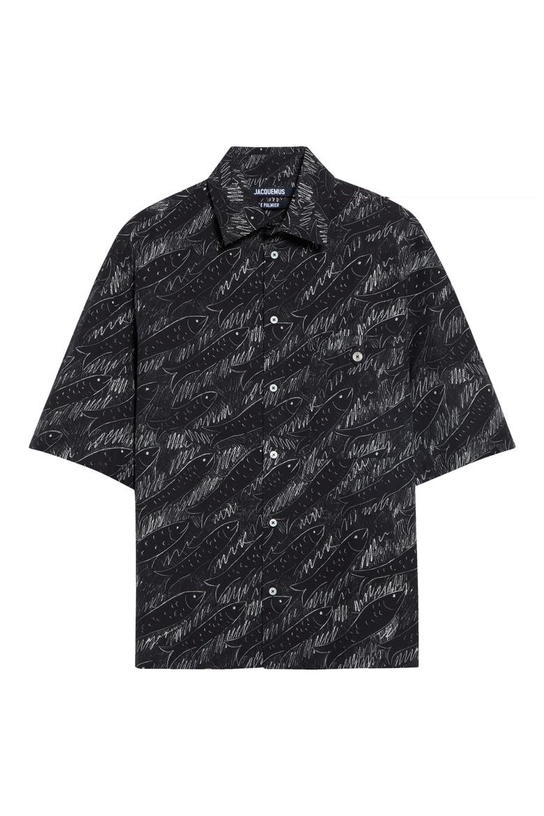 Rio Print Cotton Button Shirt, Main, color, PRINT ALLOVER FISH BLACK