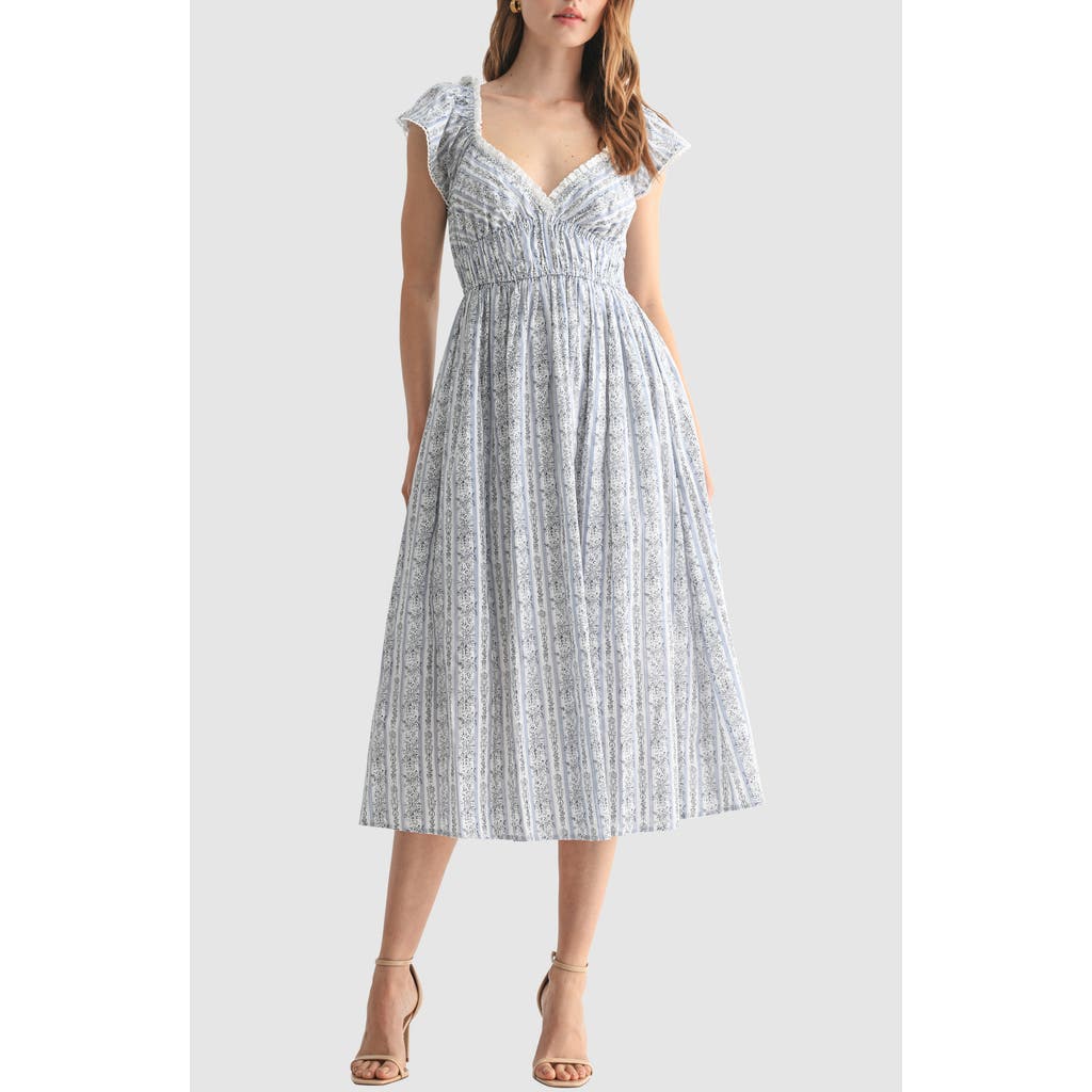 Lush Flutter Sleeve Cinched Waist Cotton Midi Dress In Multi