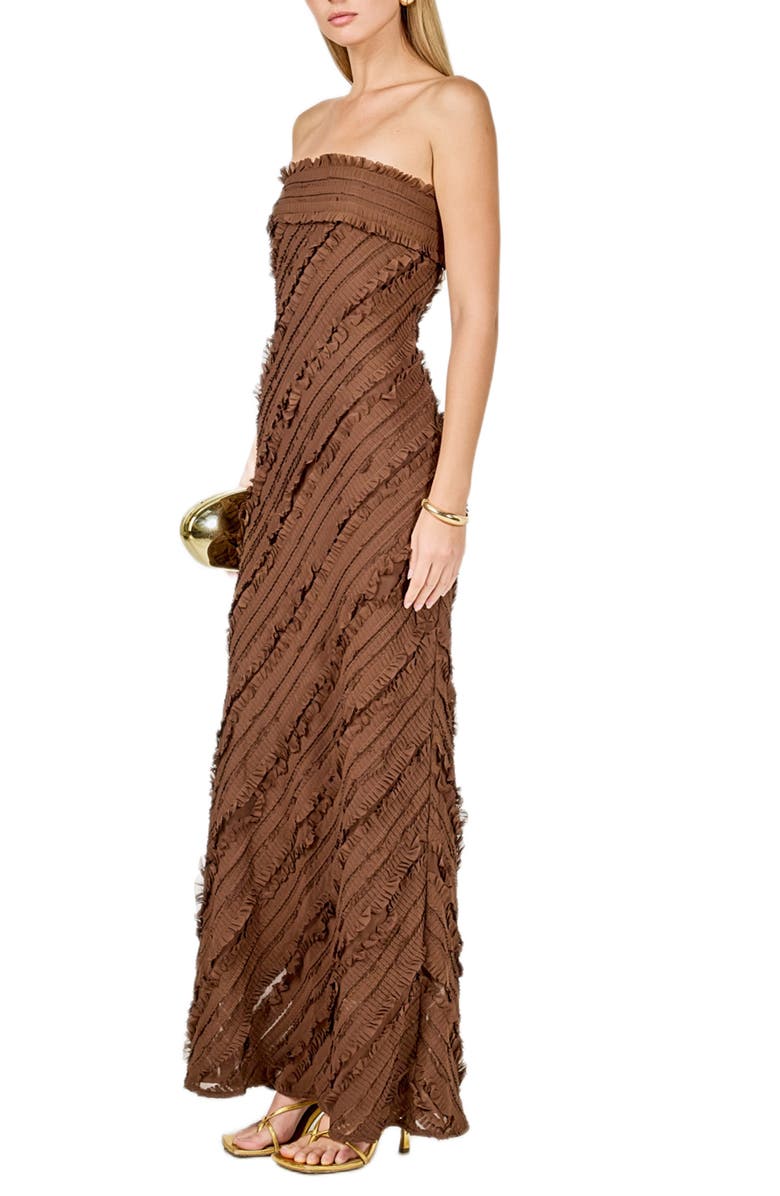 Endless Rose Ruffle Strapless Maxi Dress, Alternate, color, Chocolate
