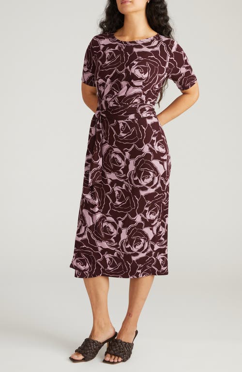 Universal Standard Delilah Tie Waist Midi Dress In Rose Print In Black Cherry