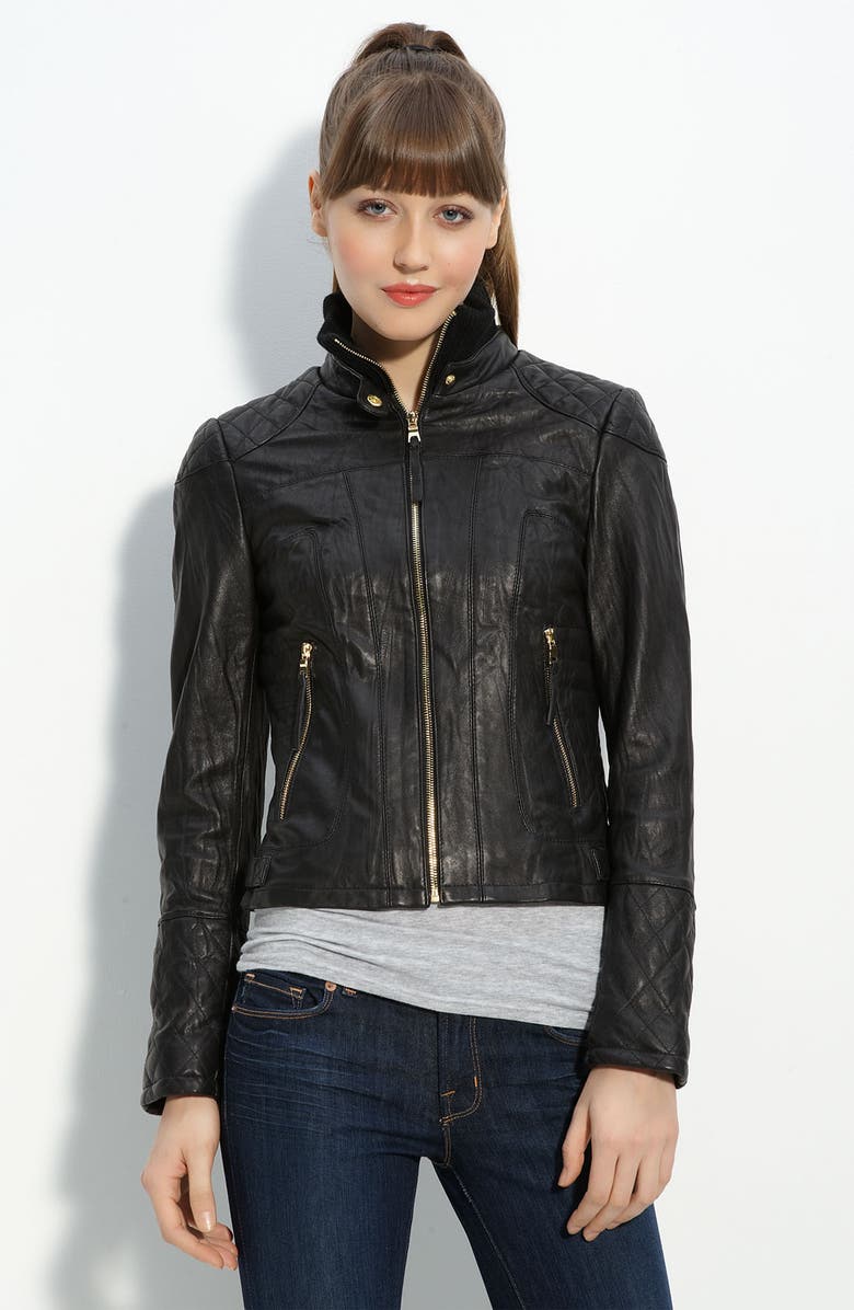 bebe Quilted Lambskin Leather Jacket, Main, color, 