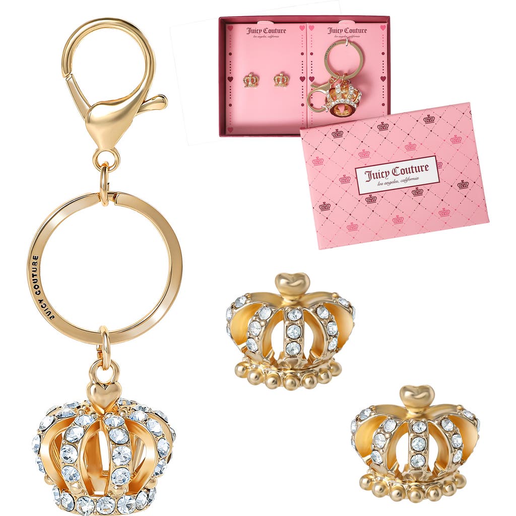 Juicy Couture Crystal Crown Keychain & Earring Set In Gold