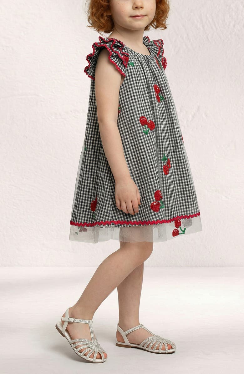Pippa & Julie Kids' Iris Gingham & Cherry Dress, Alternate, color, Black/ White