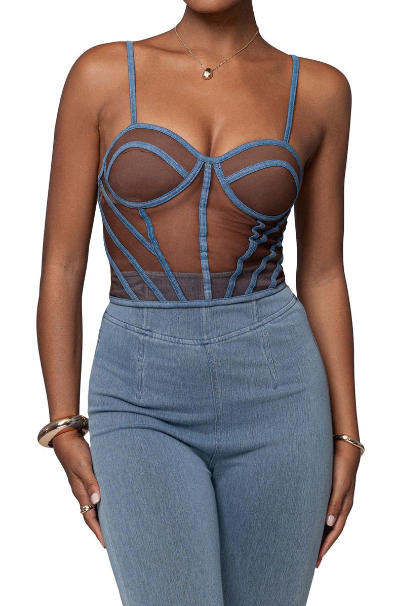 JLUXLABEL Denim Illusion Mesh Bustier Top, Main, color, Brown