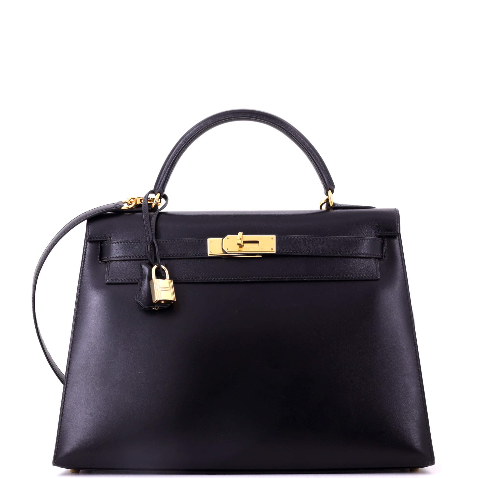 Pre-Owned Hermes Kelly Handbag Black Box Calf with Gold Hardware 32, Main, color, Noir