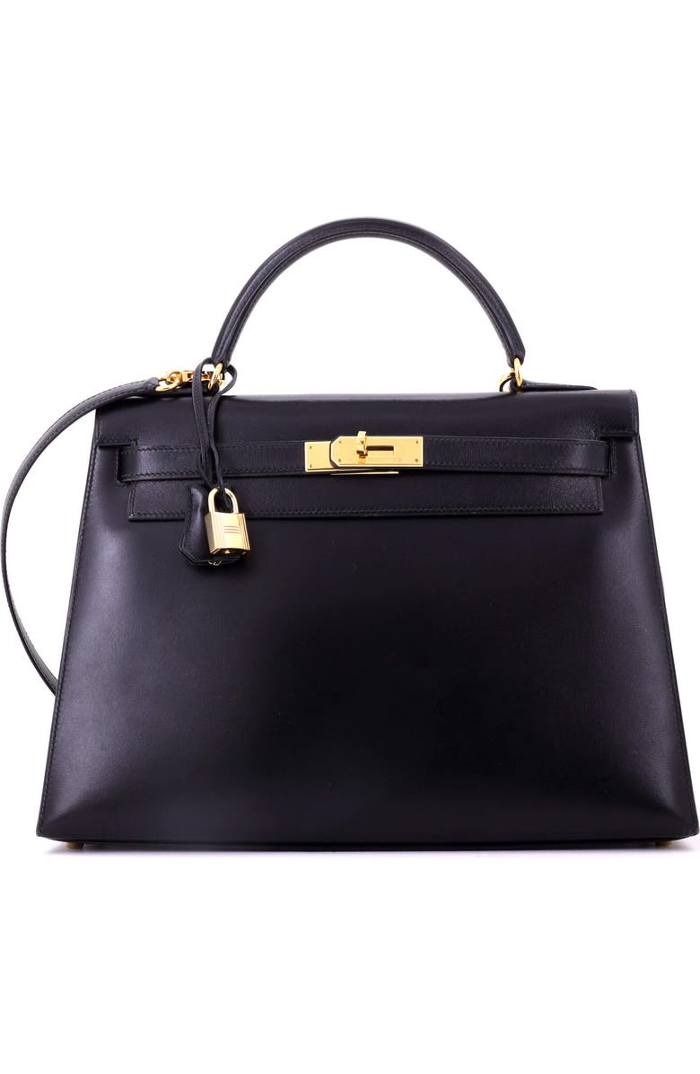 Pre-Owned Hermes Kelly Handbag Black Box Calf with Gold Hardware 32, Main, color, Noir
