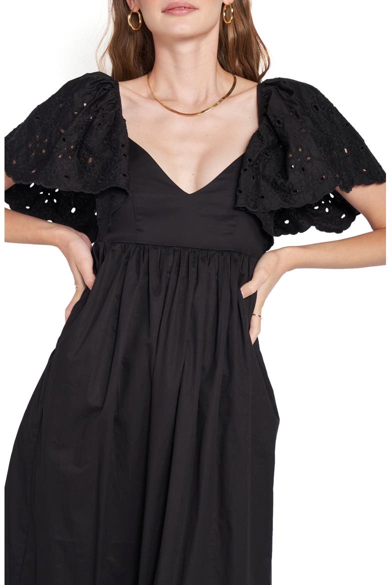 Eyelet Detail Flutter Sleeve Poplin Maxi Dress, Alternate, color, BLACK