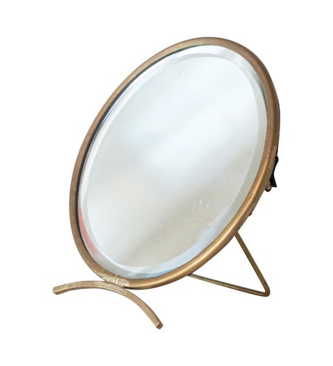 Brass Round Mirror On Stand in Antique Finish, Gold