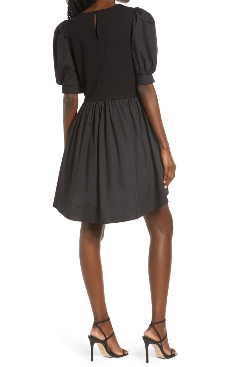 Mixed Media Puff Sleeve Dress, Alternate, color, BLACK