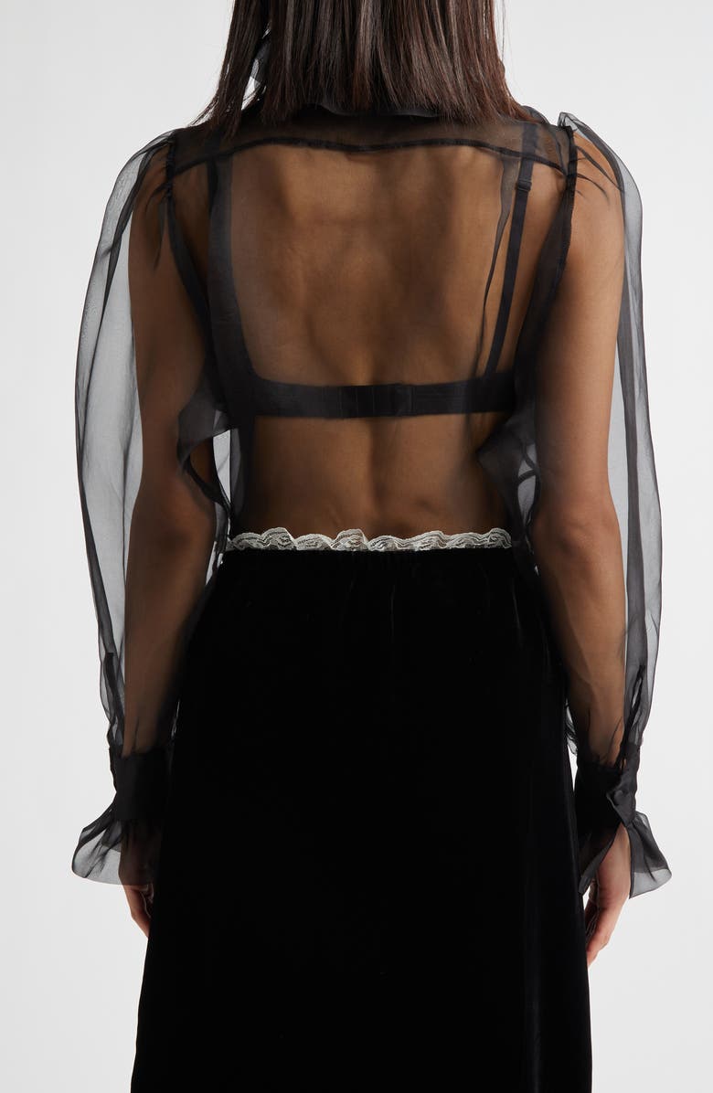 Tanner Fletcher Gender Inclusive Simone Pussy Bow Sheer Silk Organza Shirt, Alternate, color, Black