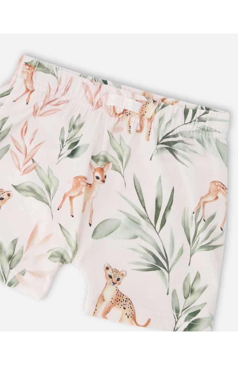 Deux par Deux Pointelle Top and Organic Cotton Jersey Peach Deer Printed Short Set, Alternate, color, Green And Peach Deer Print
