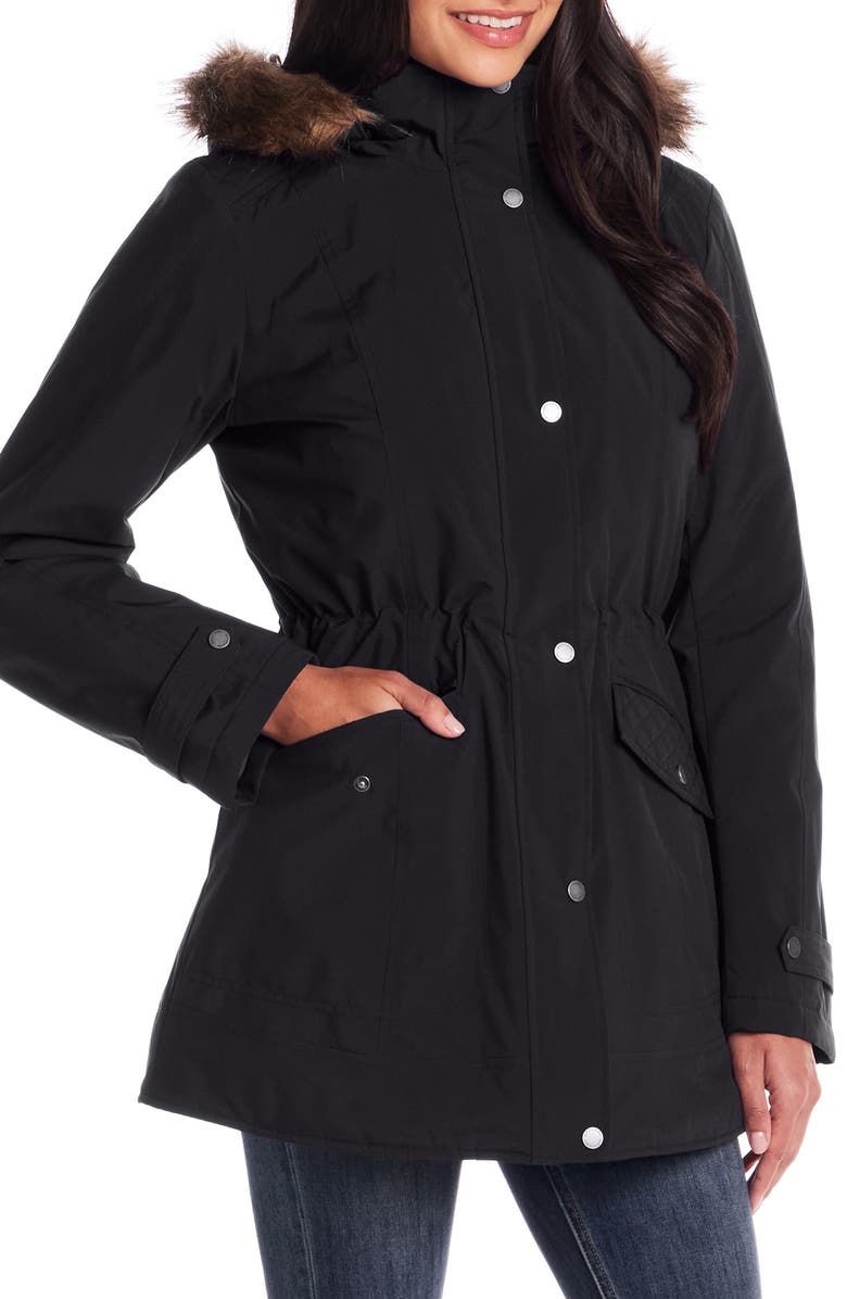 Gallery Faux Fur Trim Hooded Anorak, Main, color, Black