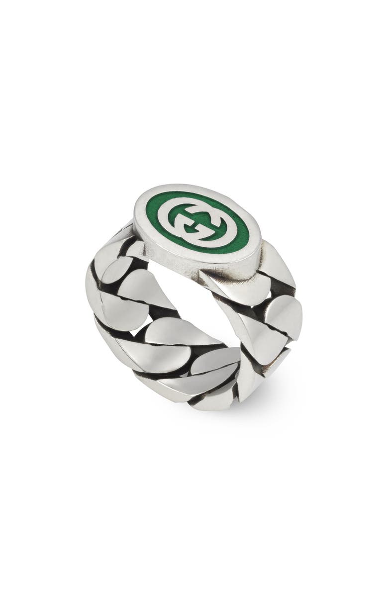 Gucci Interlocking-G Band Ring, Alternate, color, Sterling Silver/ Green
