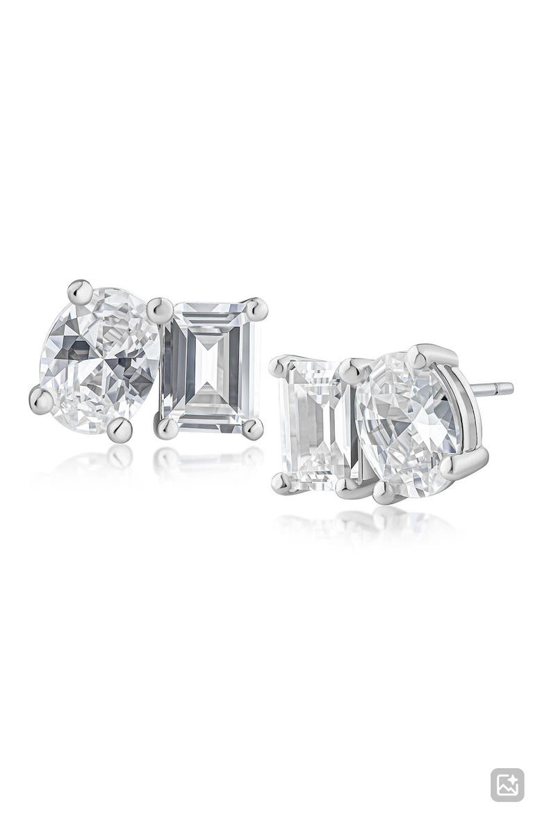 Oval & Emerald-Cut Cubic Zirconia Stud Earrings, Main, color, RHODIUM PLATED