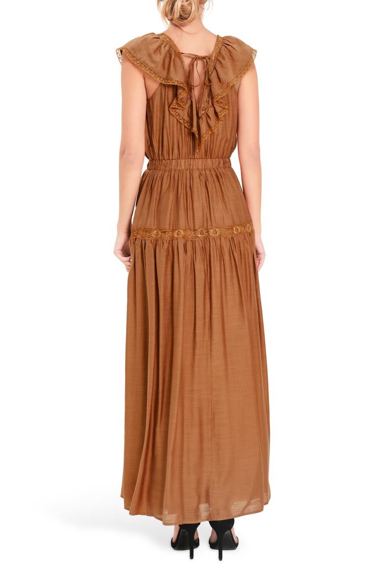 Lace Trim Ruffle Maxi Dress, Alternate, color, CAMEL