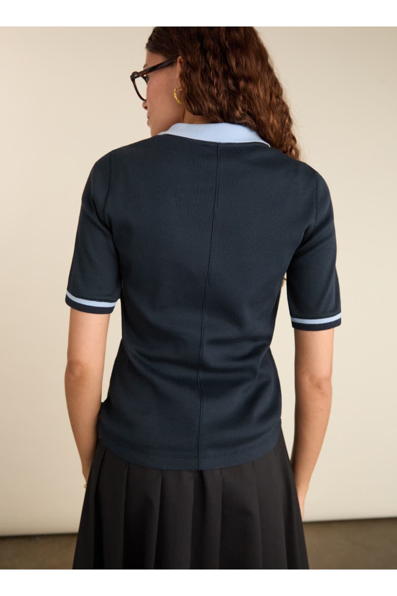 Lydia Cotton Rib Zip Collar Top, Alternate, color, Navy & Ice Blue
