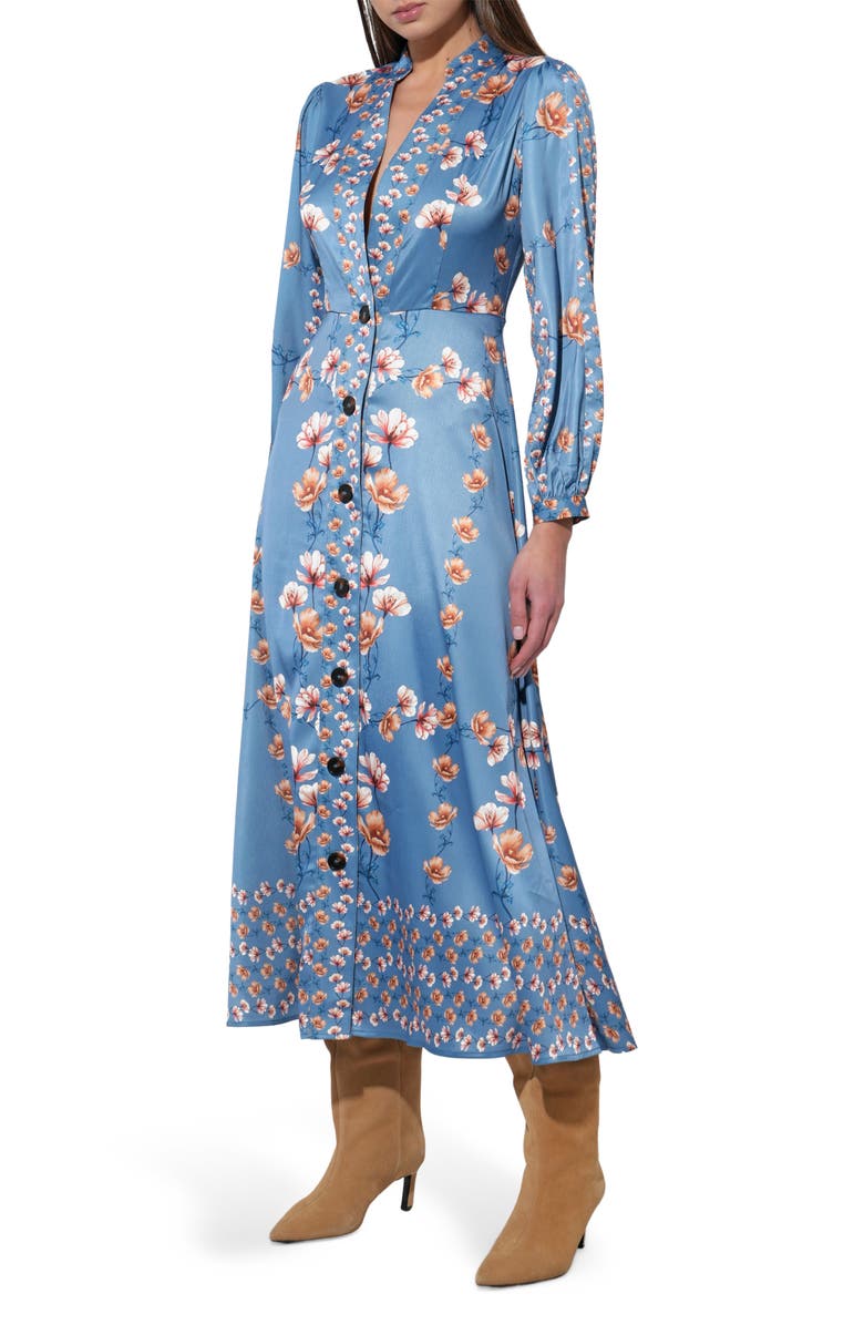 Adelyn Rae Jailyn Floral Print Long Sleeve Satin Maxi Dress, Alternate, color, Haze Blue