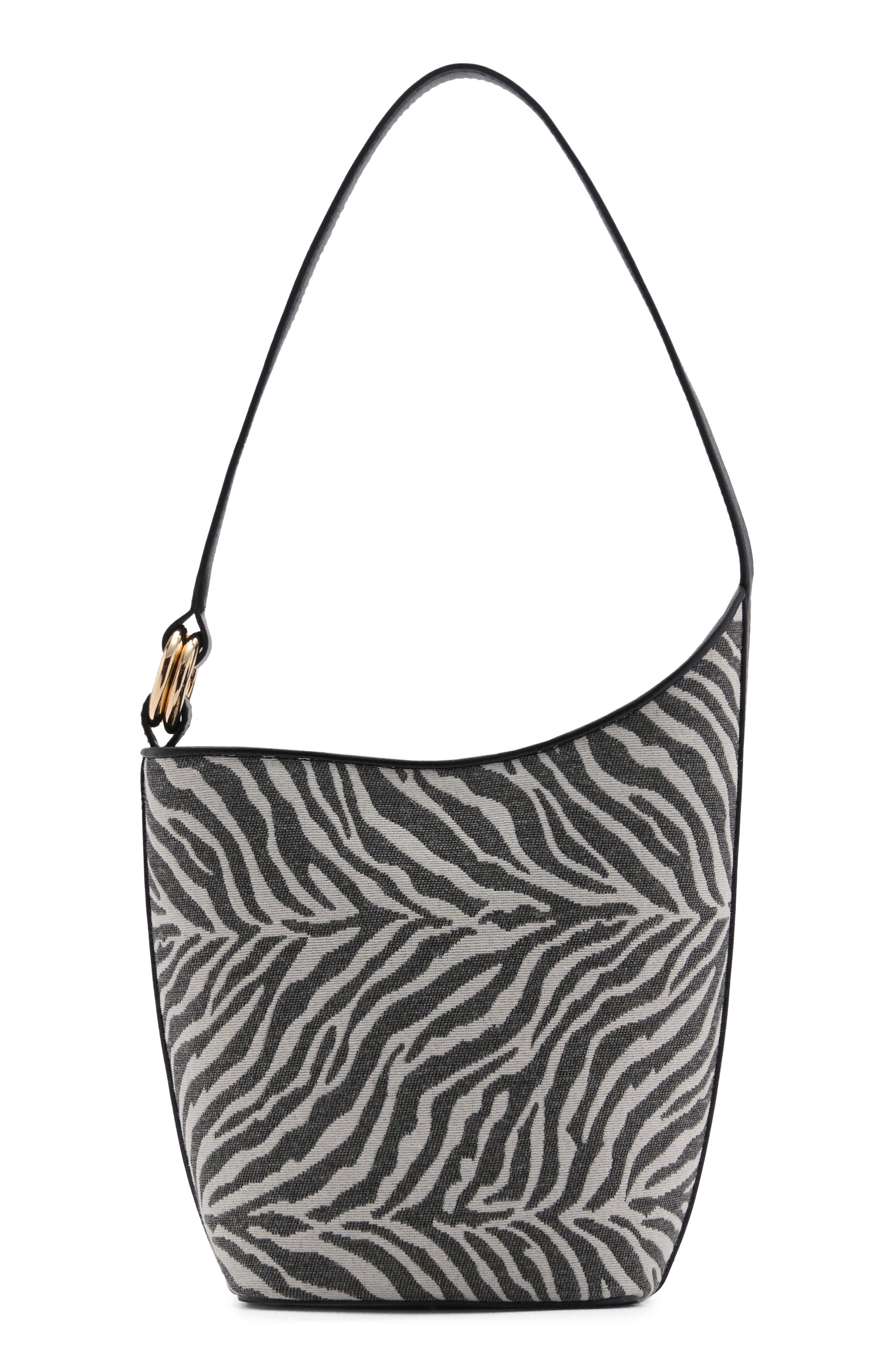 Zebra Print Canvas Bucket Bag, Main, color, BLACK