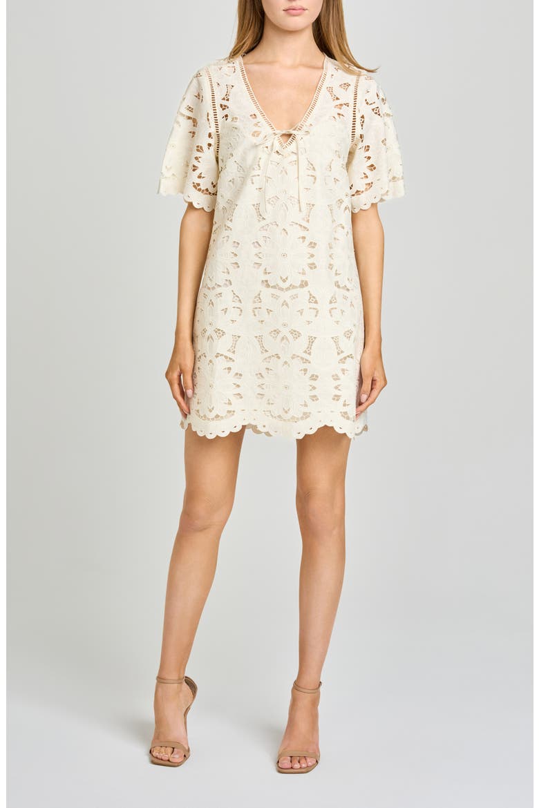 Kenzie Floral Embroidered Ladder Stitch Minidress, Main, color, ANTIQUE IVORY