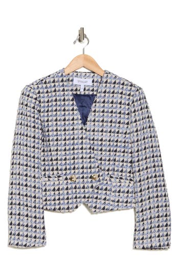 Derek Lam 10 Crosby Marcel Fringe Tweed Jacket In Blanc De Blanc/indigo