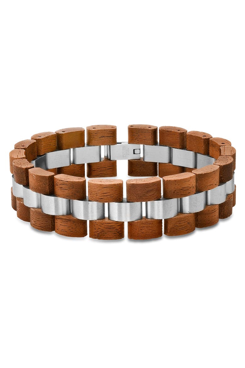 Wood & Stainless Steel Bracelet, Main, color, SILVER/ BROWN