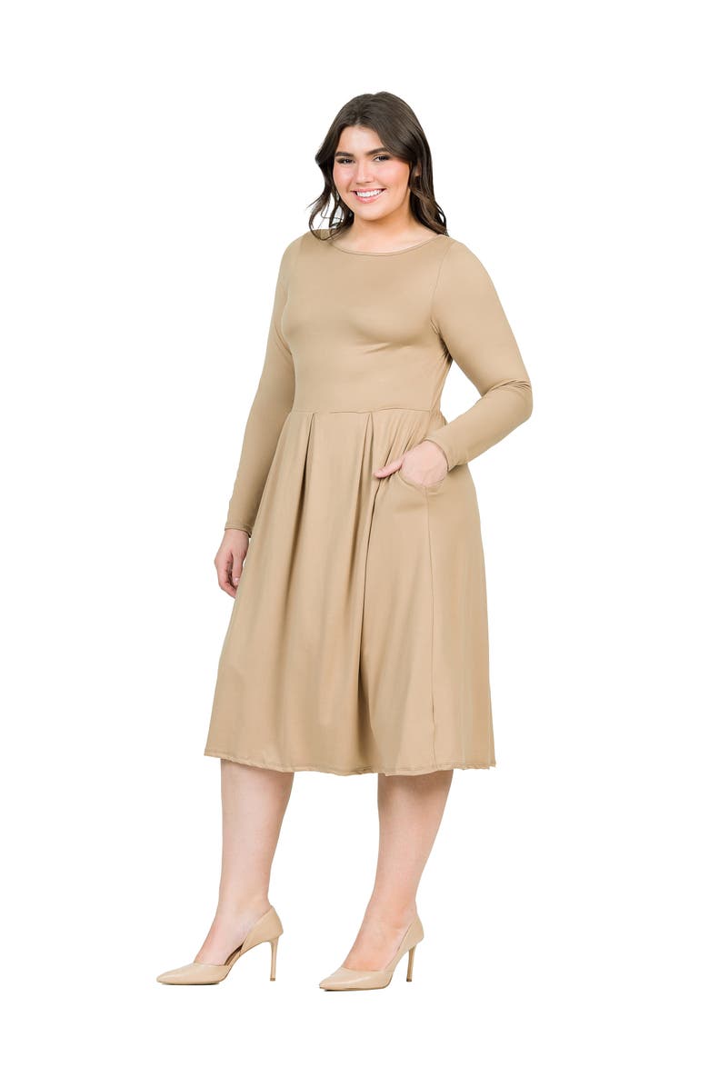 24seven Comfort Apparel Long Sleeve Fit and Flare Midi Dress, Alternate, color, Wheat