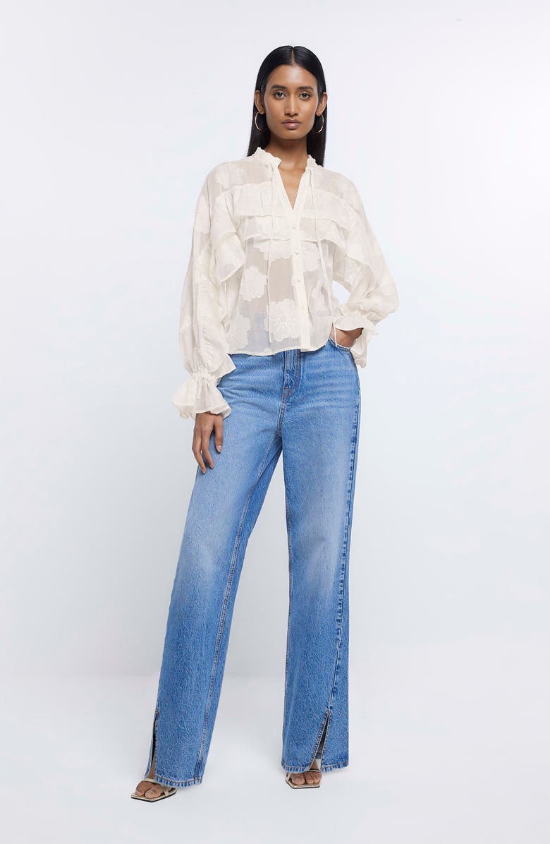 River Island Floral Ruffle Long Sleeve Jacquard Plissé Blouse, Alternate, color,