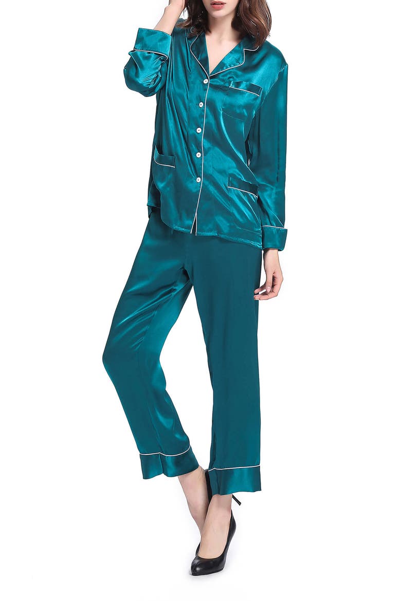 Women's Chic Trimmed Silk Pajama Set, Main, color, Dark Teal
