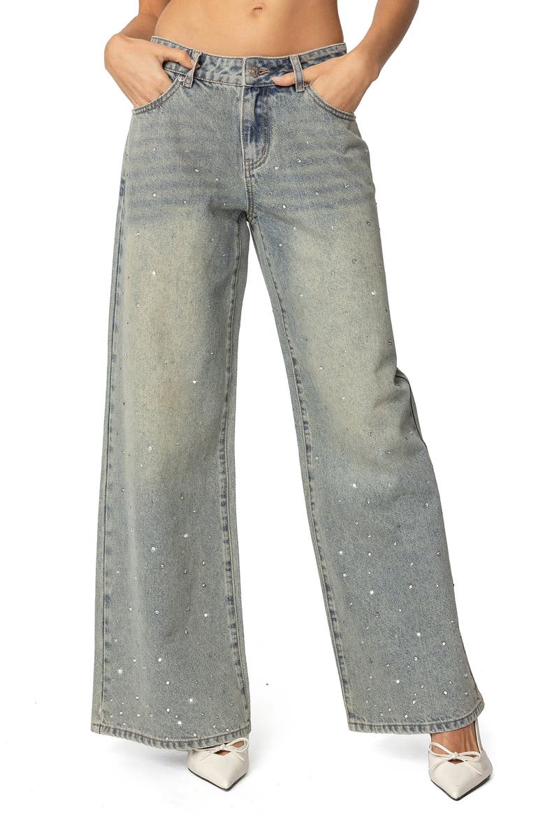 Low Rise Rhinestone Wide Leg Jeans, Main, color, GRAY