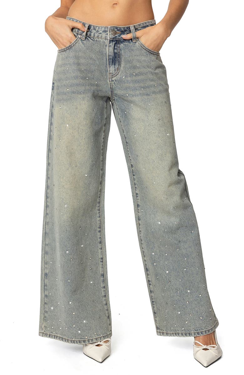 EDIKTED Low Rise Rhinestone Wide Leg Jeans, Main, color, Gray