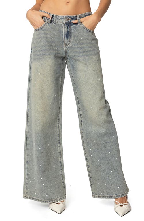 Edikted Low Rise Rhinestone Wide Leg Jeans In Gray