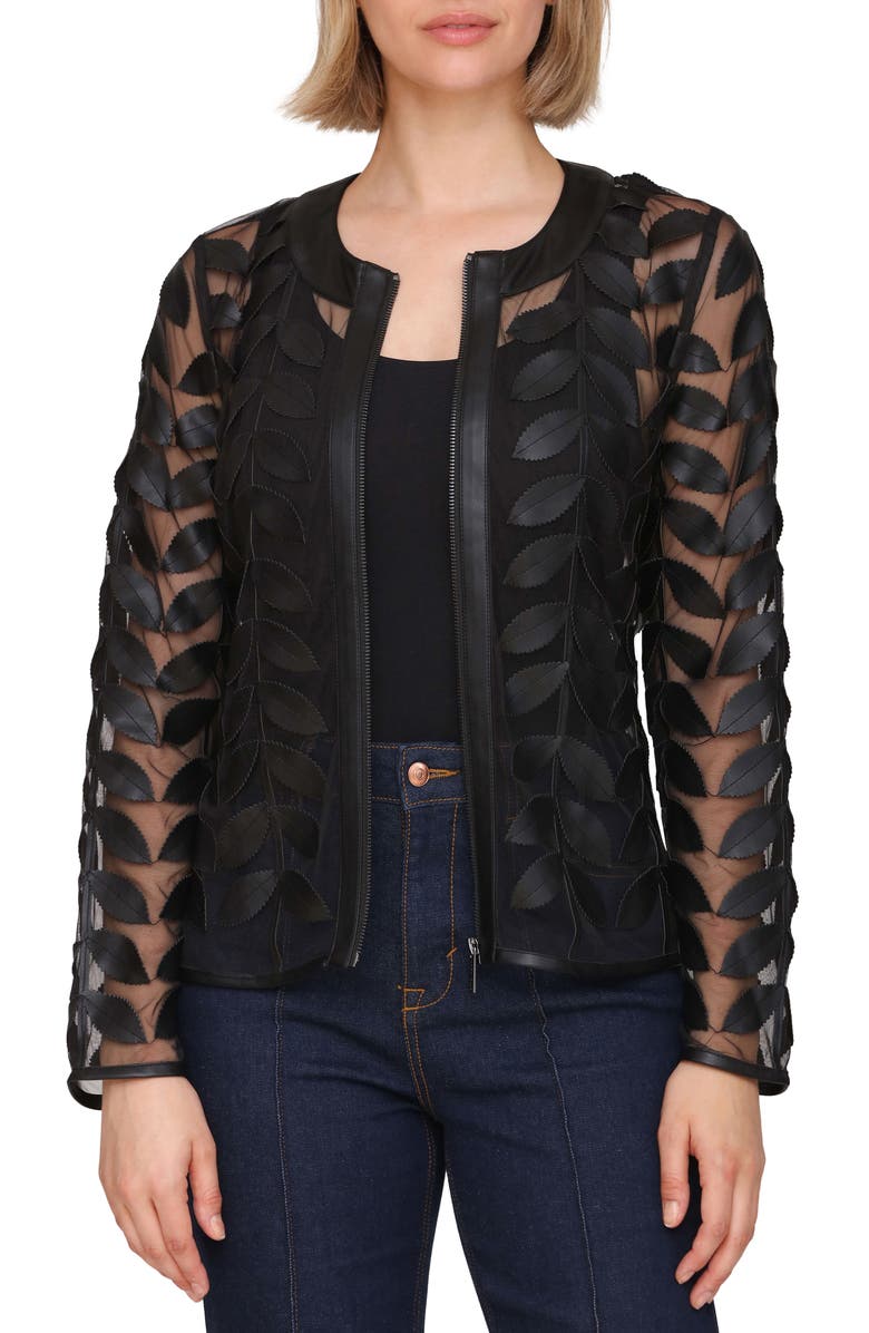 Bagatelle Mesh Leaf Jacket with Faux Leather Trim, Alternate, color, Black