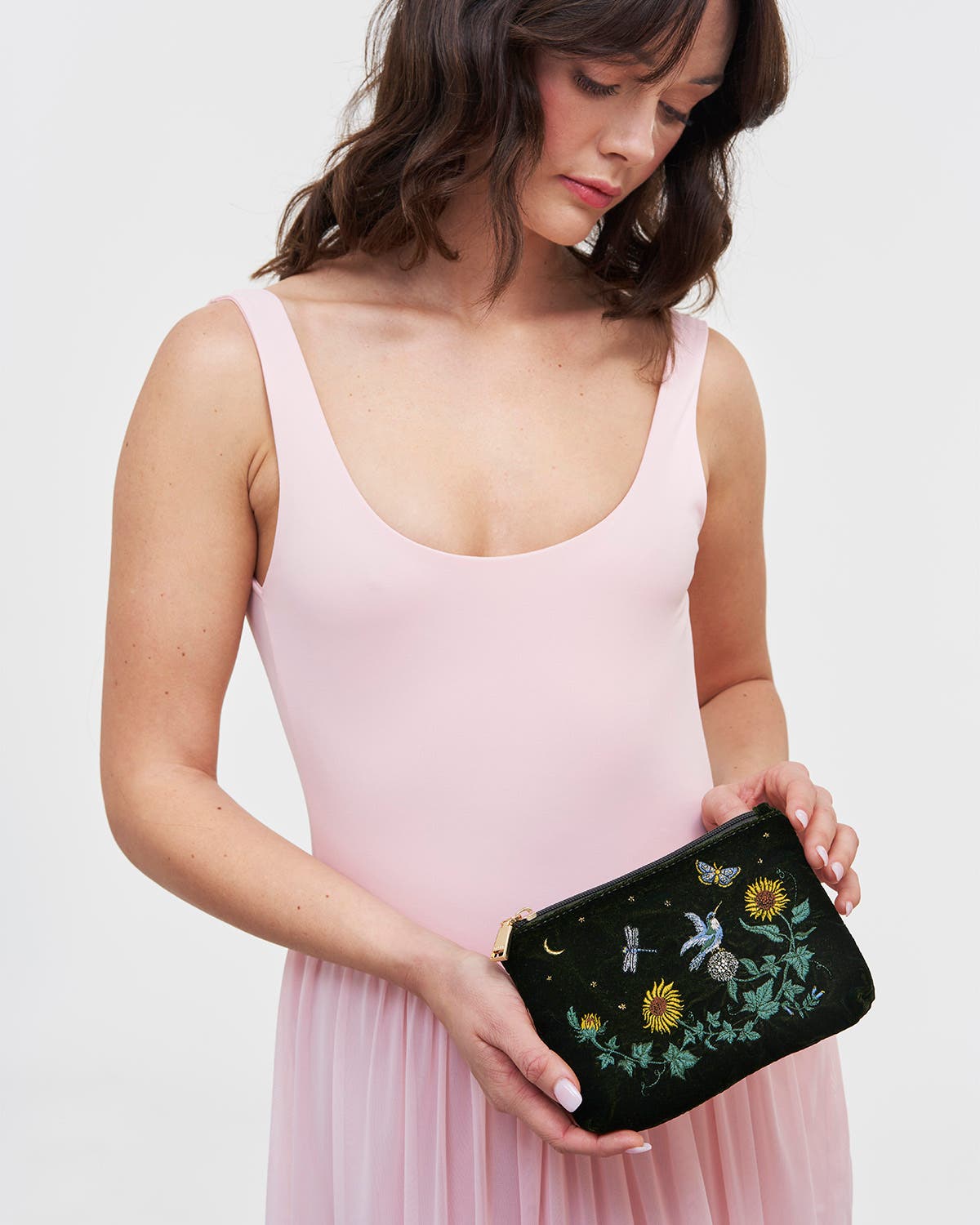 Sunflower Velvet Embroidered Pouch, Alternate, color, Dark Green