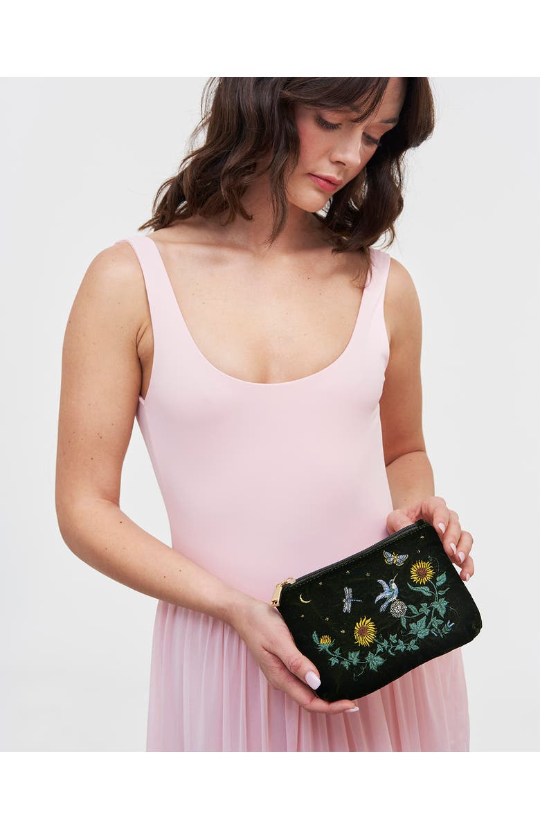 Fable England Sunflower Velvet Embroidered Pouch, Alternate, color, Dark Green