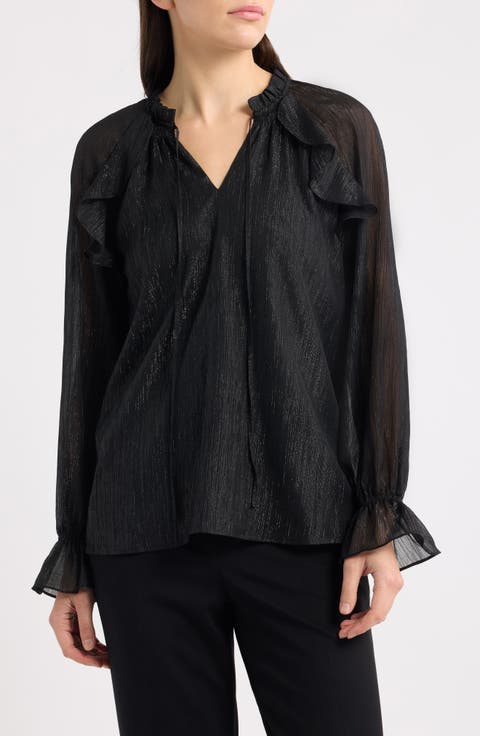 Metallic Ruffle Raglan Sleeve Top