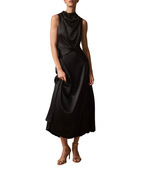 Satin Cowl Neck Midi Dress