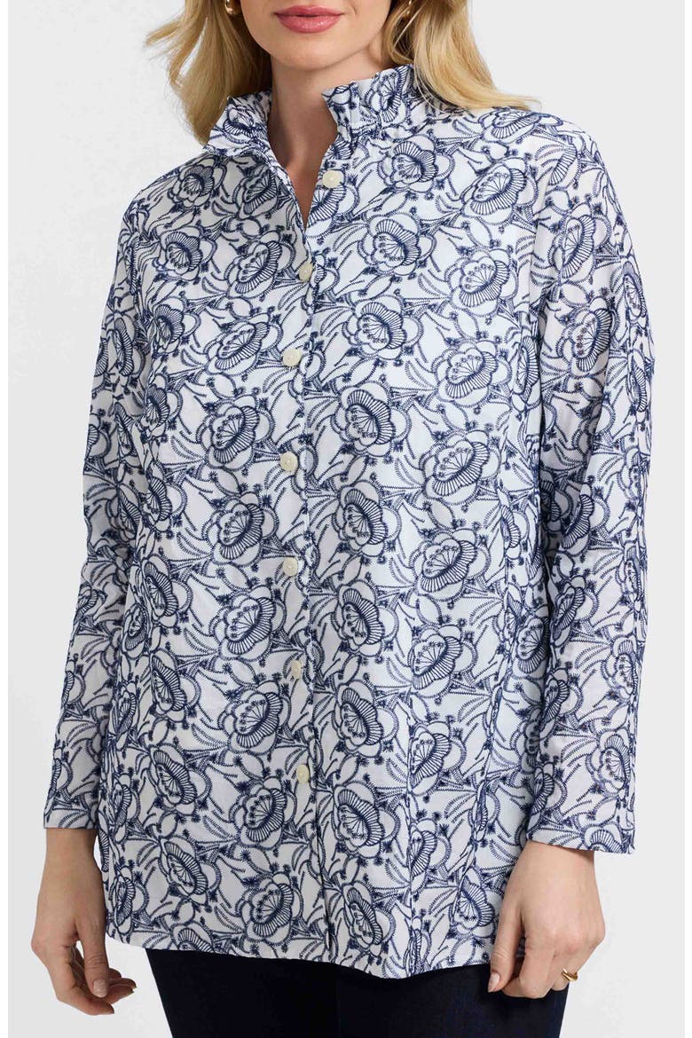 Carolina Floral Embroidered Cotton Button-Up Shirt, Alternate, color, WHITE/ NAVY