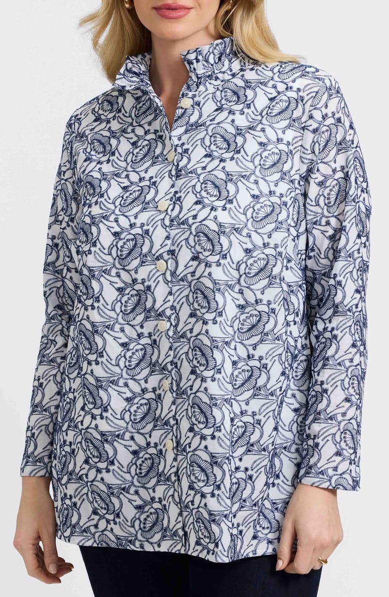Foxcroft Carolina Floral Embroidered Cotton Button-Up Shirt, Alternate, color, White/ Navy