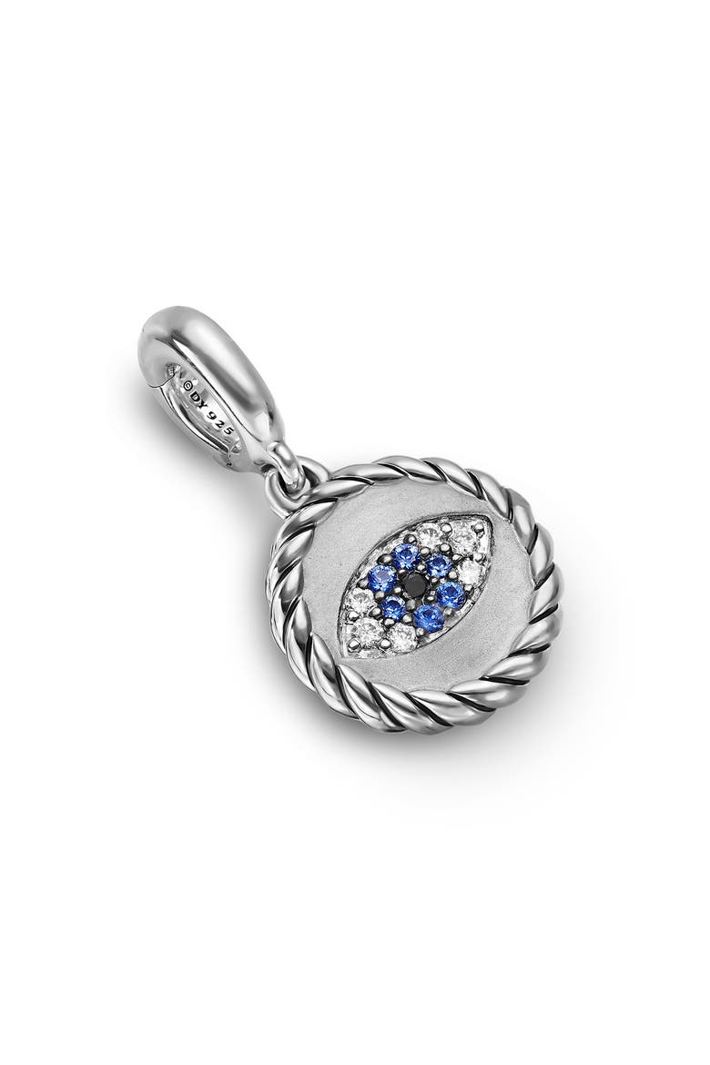 Evil Eye Amulet in Sterling Silver with Light Blue Sapphires, Black Diamonds and Diamonds, 12.6mm, Main, color, SILVER PAVE