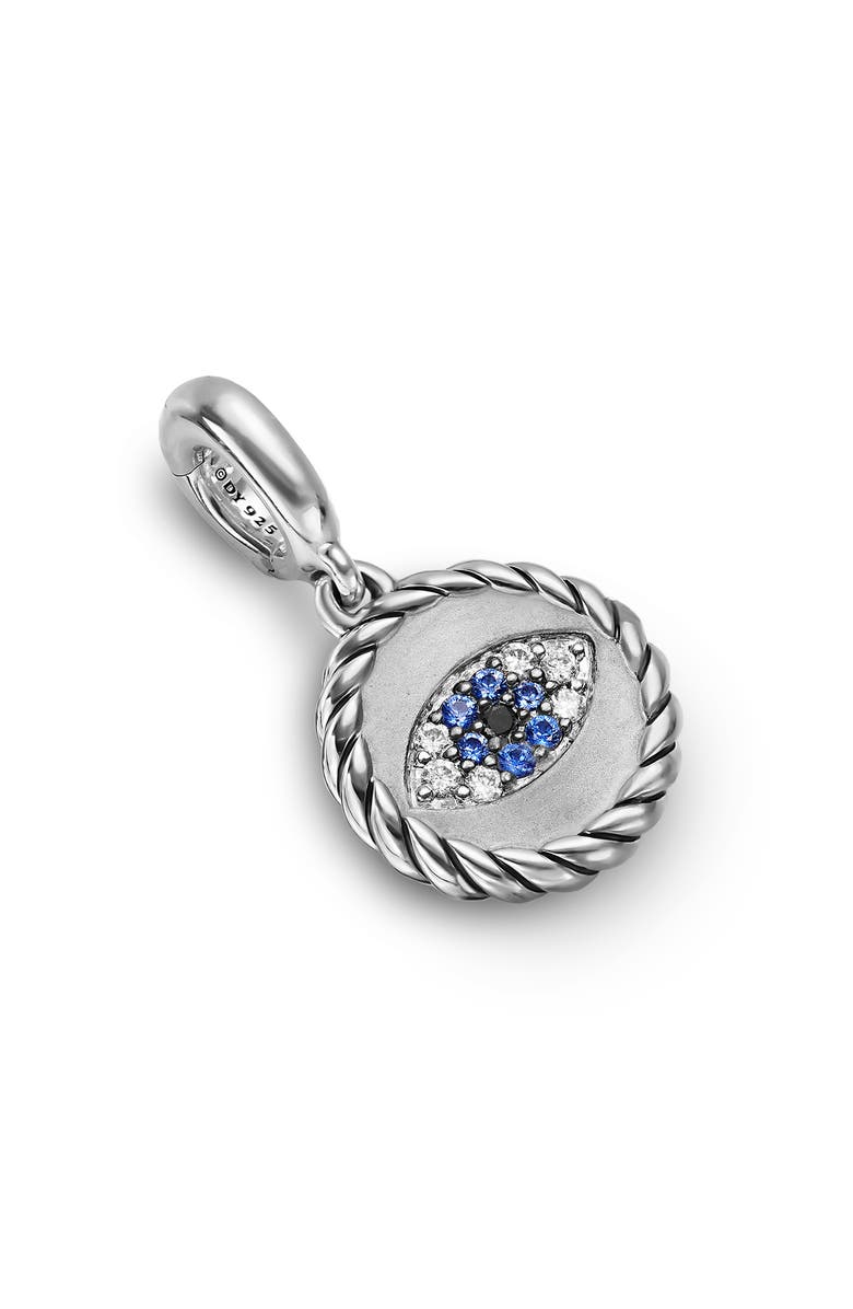 David Yurman Evil Eye Amulet in Sterling Silver with Light Blue Sapphires, Black Diamonds and Diamonds, 12.6mm, Main, color, Silver Pave