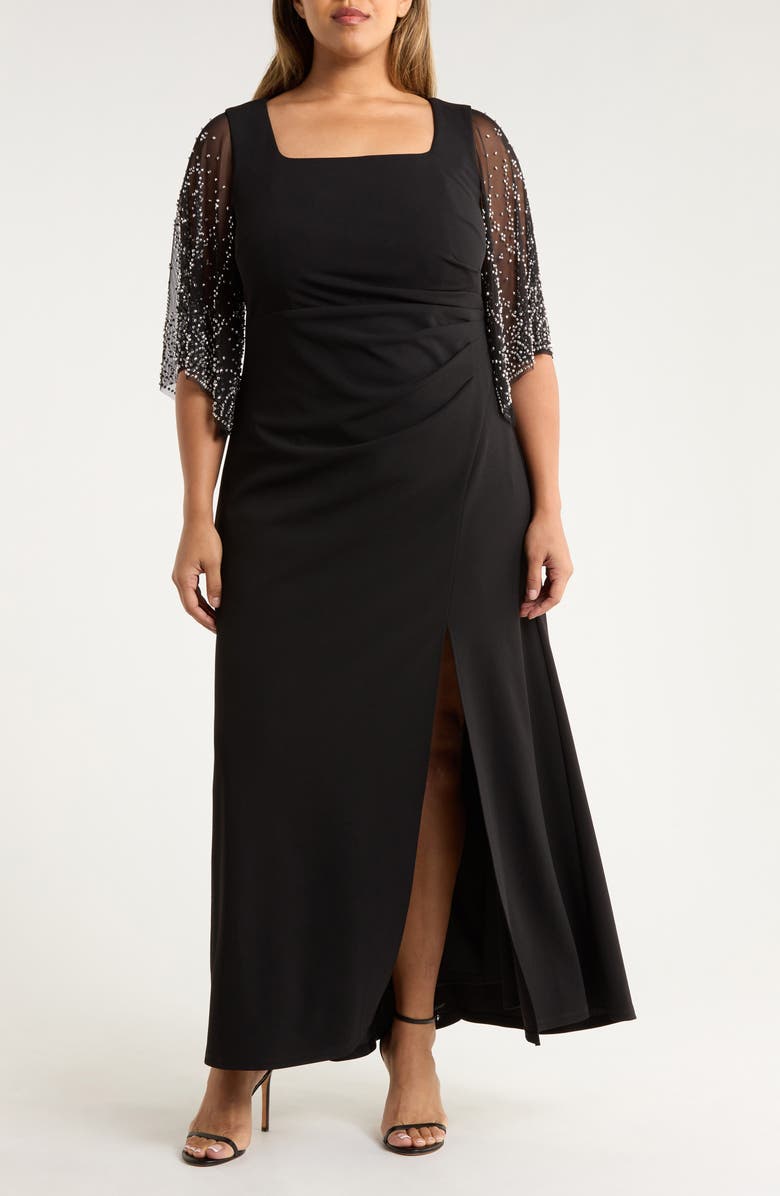 Alex Evenings Beaded Sleeve Stretch Crepe Gown, Main, color, Black