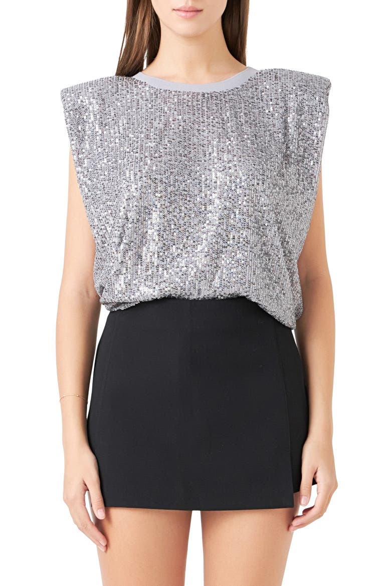 Sequin Shoulder Pad Top, Main, color, SILVER