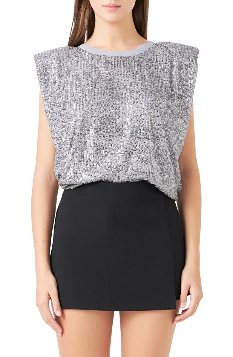 Endless Rose Sequin Shoulder Pad Top, Main, color, Silver
