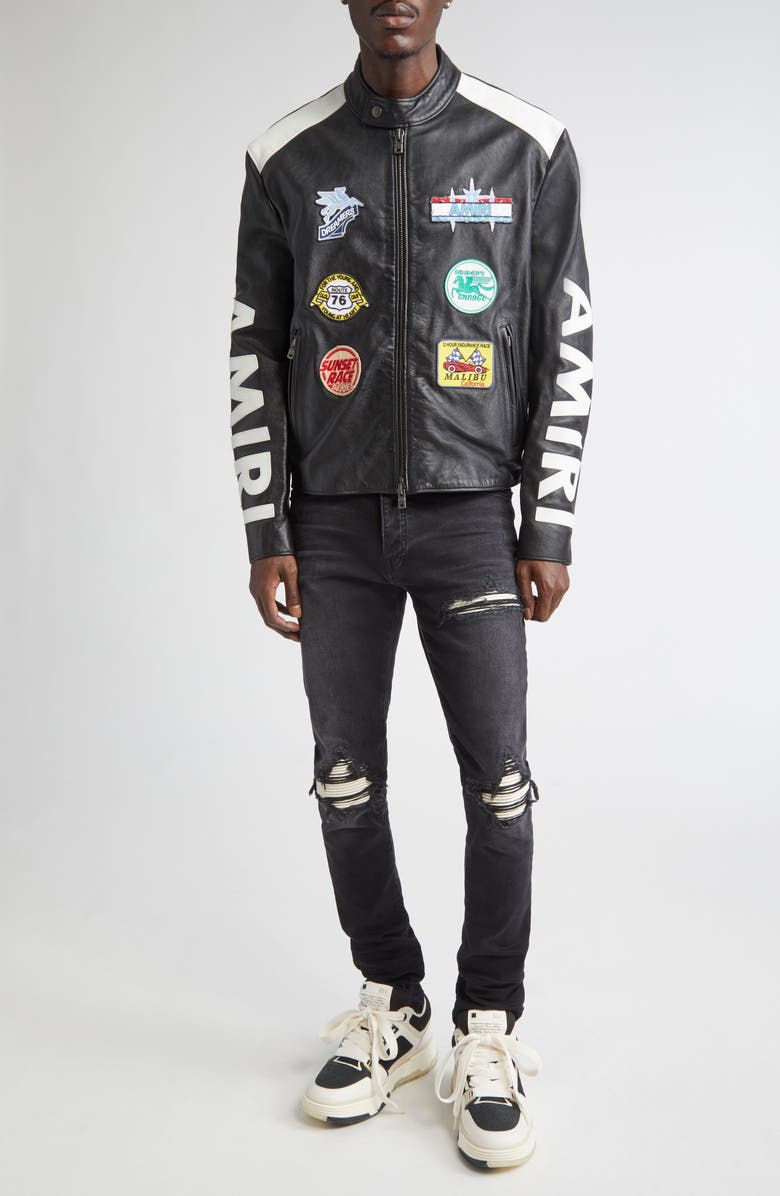 AMIRI Patches Leather Racer Jacket, Alternate, color, Black